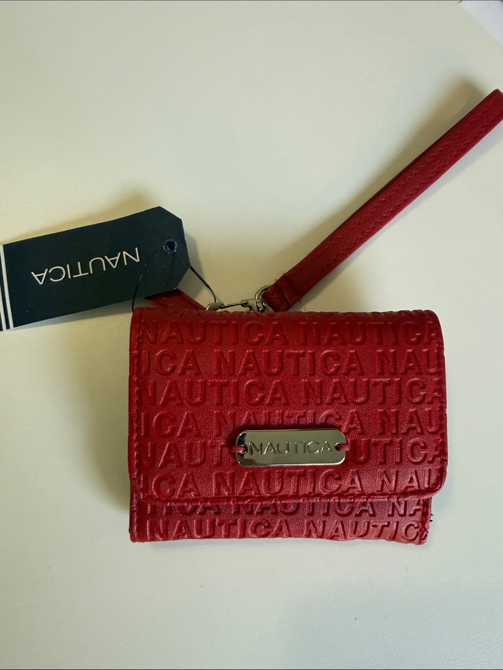 Nautica Red Embossed Wristlet Clutch with Metal Nameplate